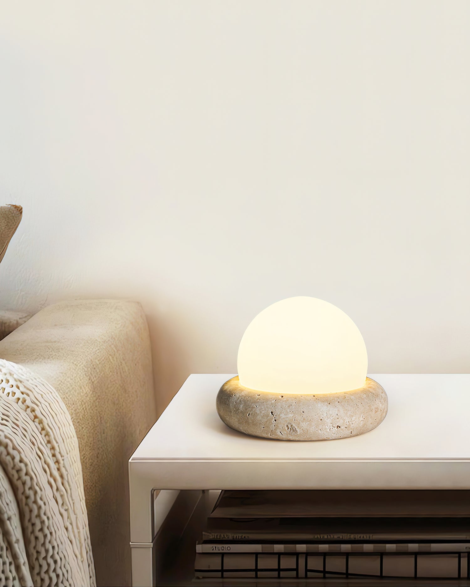 Travertine Base Table Lamp with Glass Globe Shade