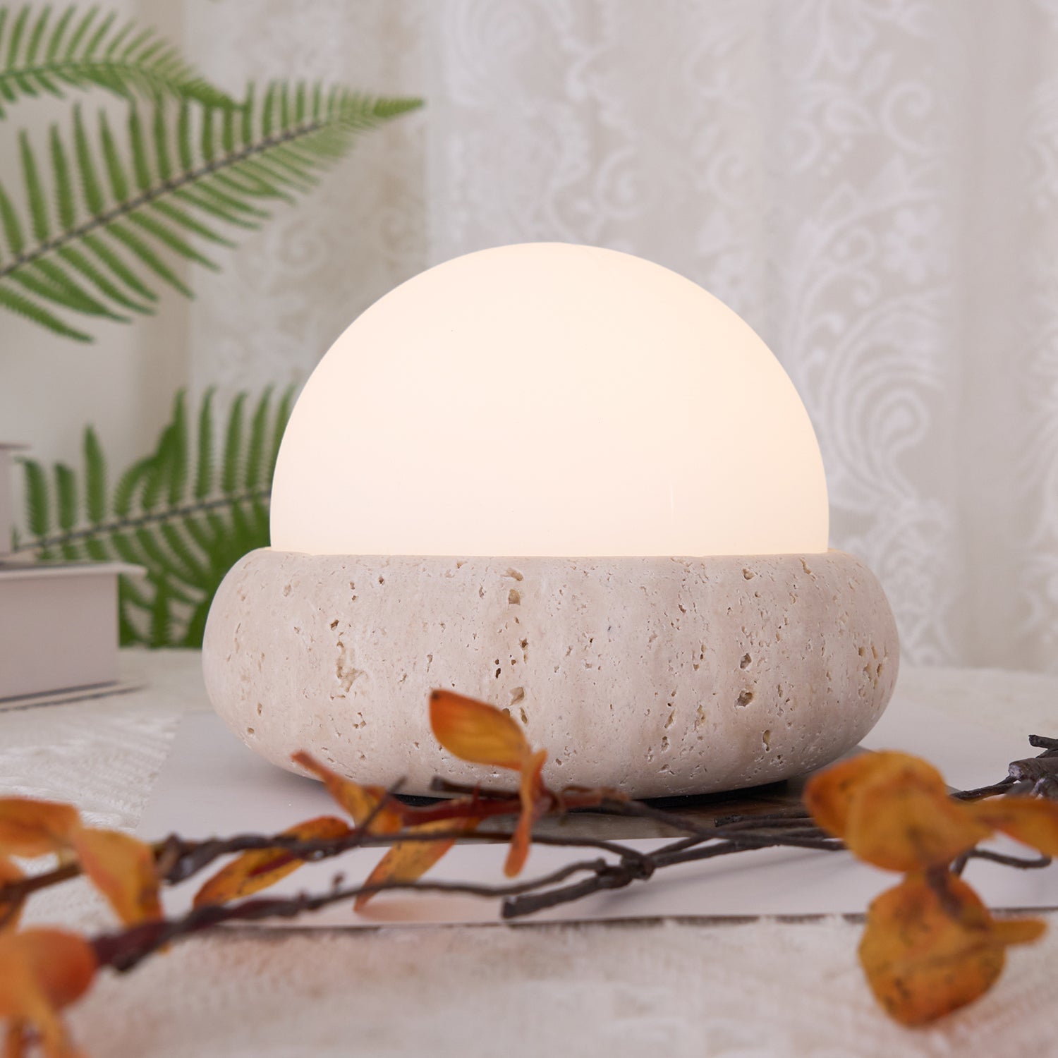Travertine Base Table Lamp with Glass Globe Shade