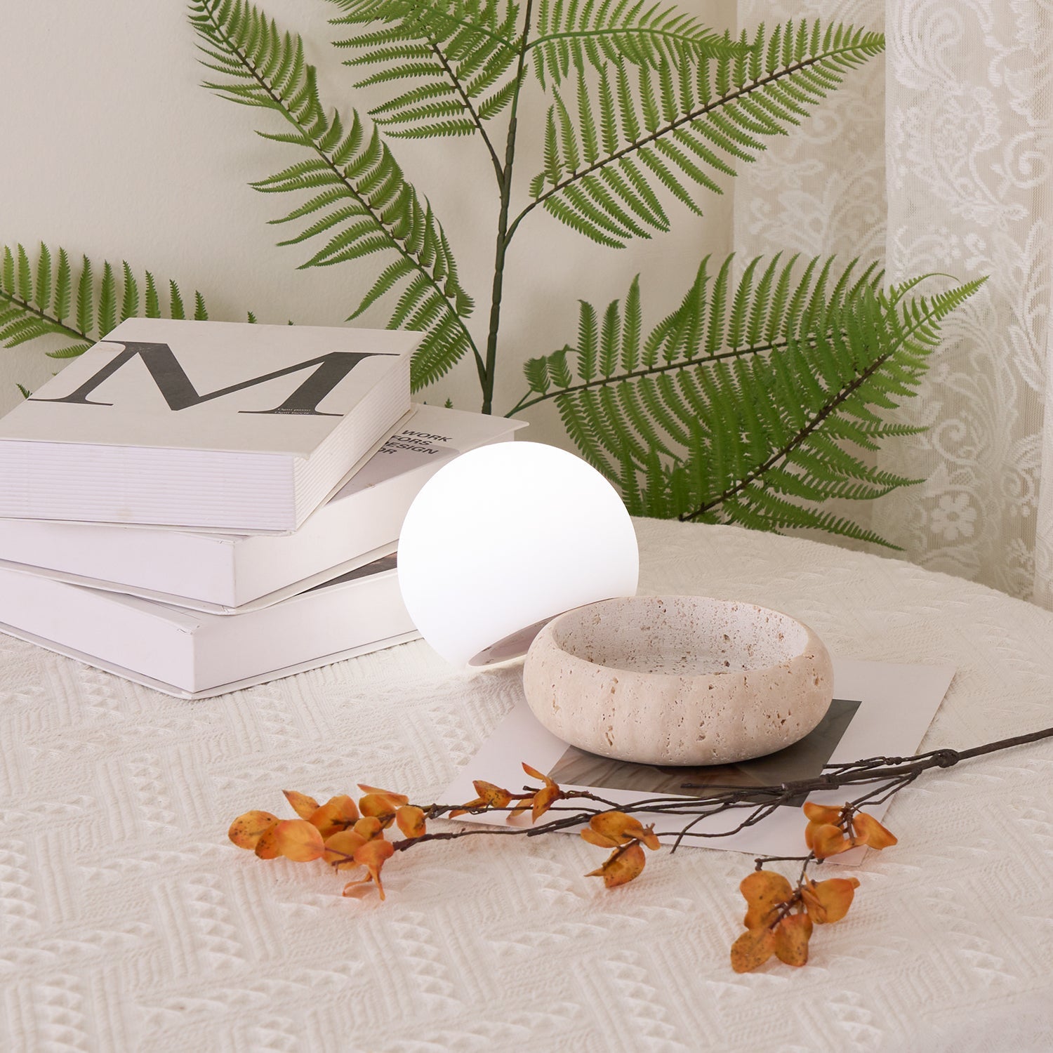 Travertine Base Table Lamp with Glass Globe Shade