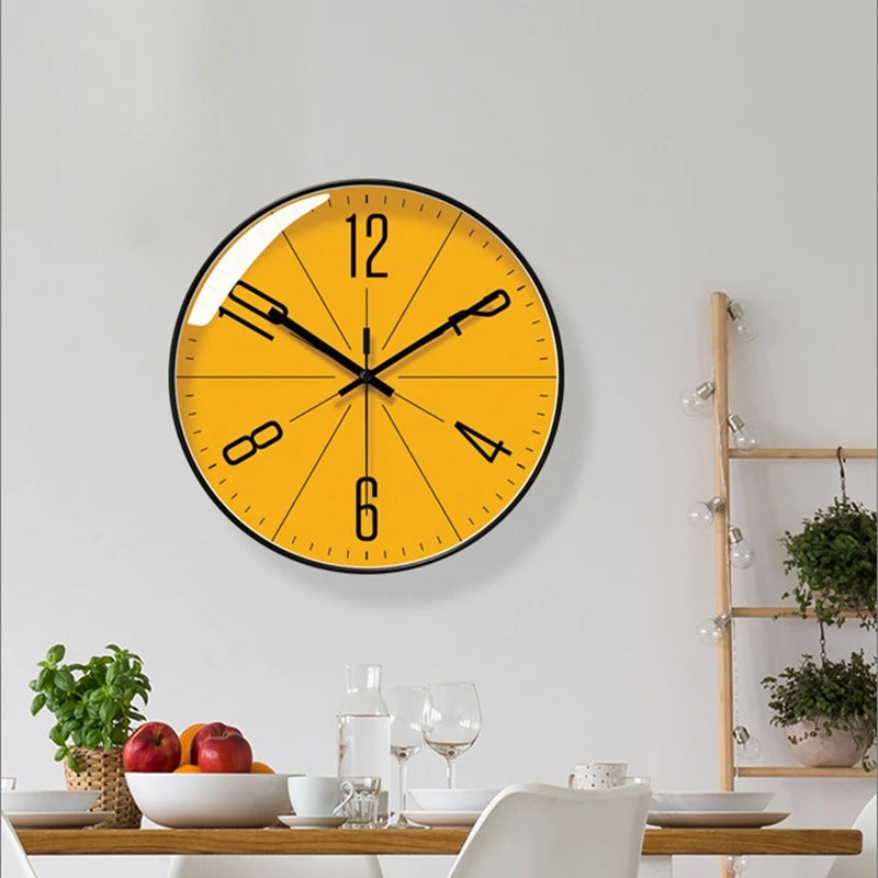 Round Wall Clock With Yellow Dial And Black Frame