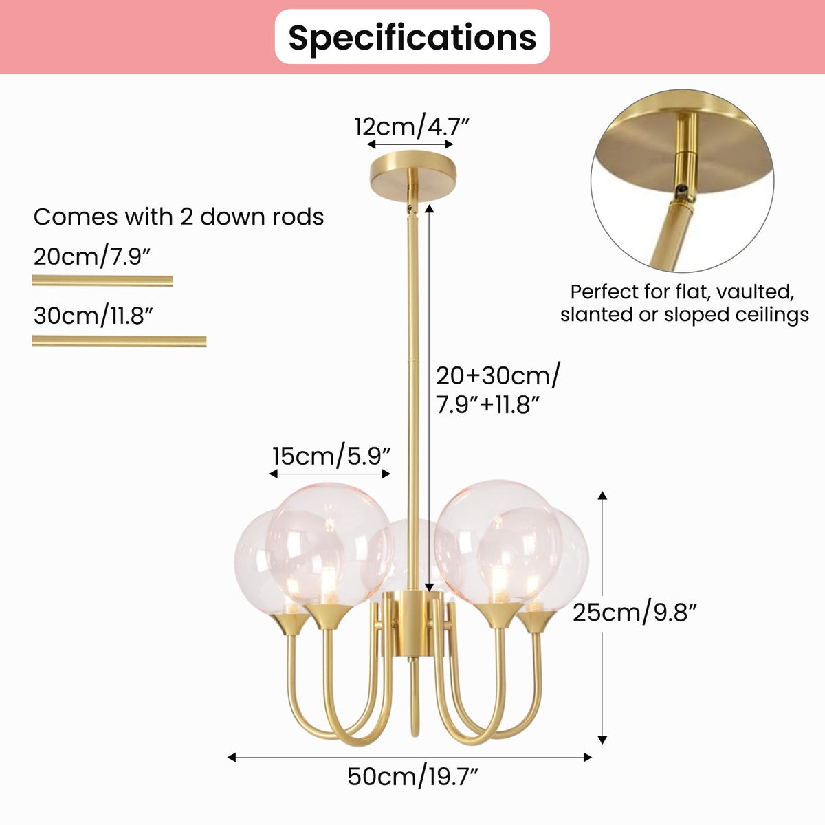 Suspension moderne Sputnik en verre rose avec structure dorée