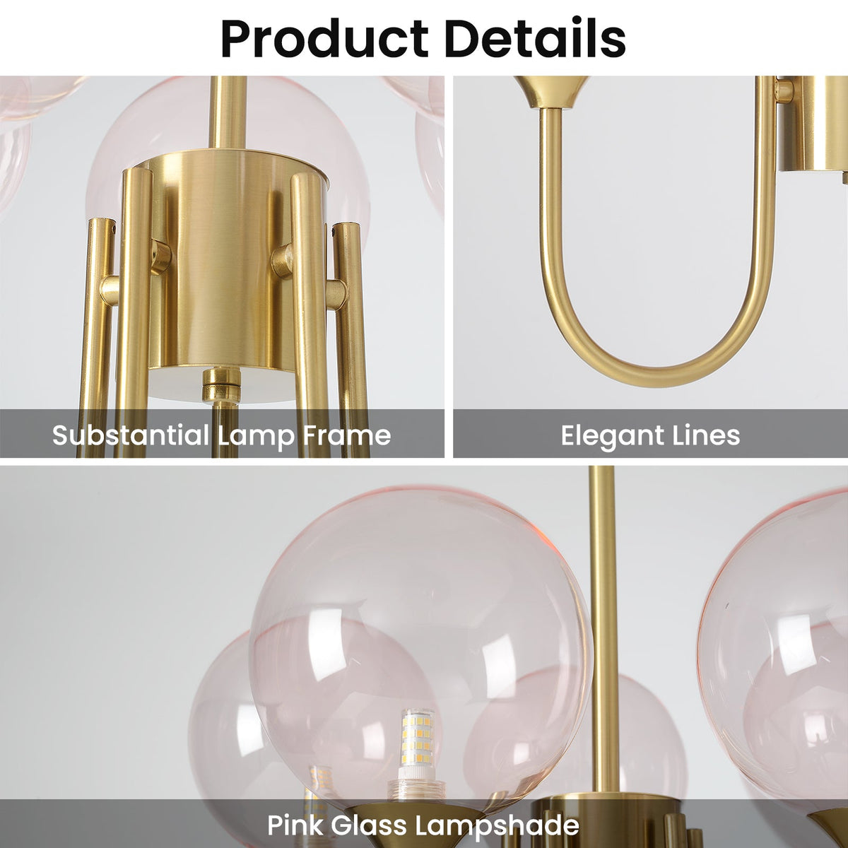 Suspension moderne Sputnik en verre rose avec structure dorée