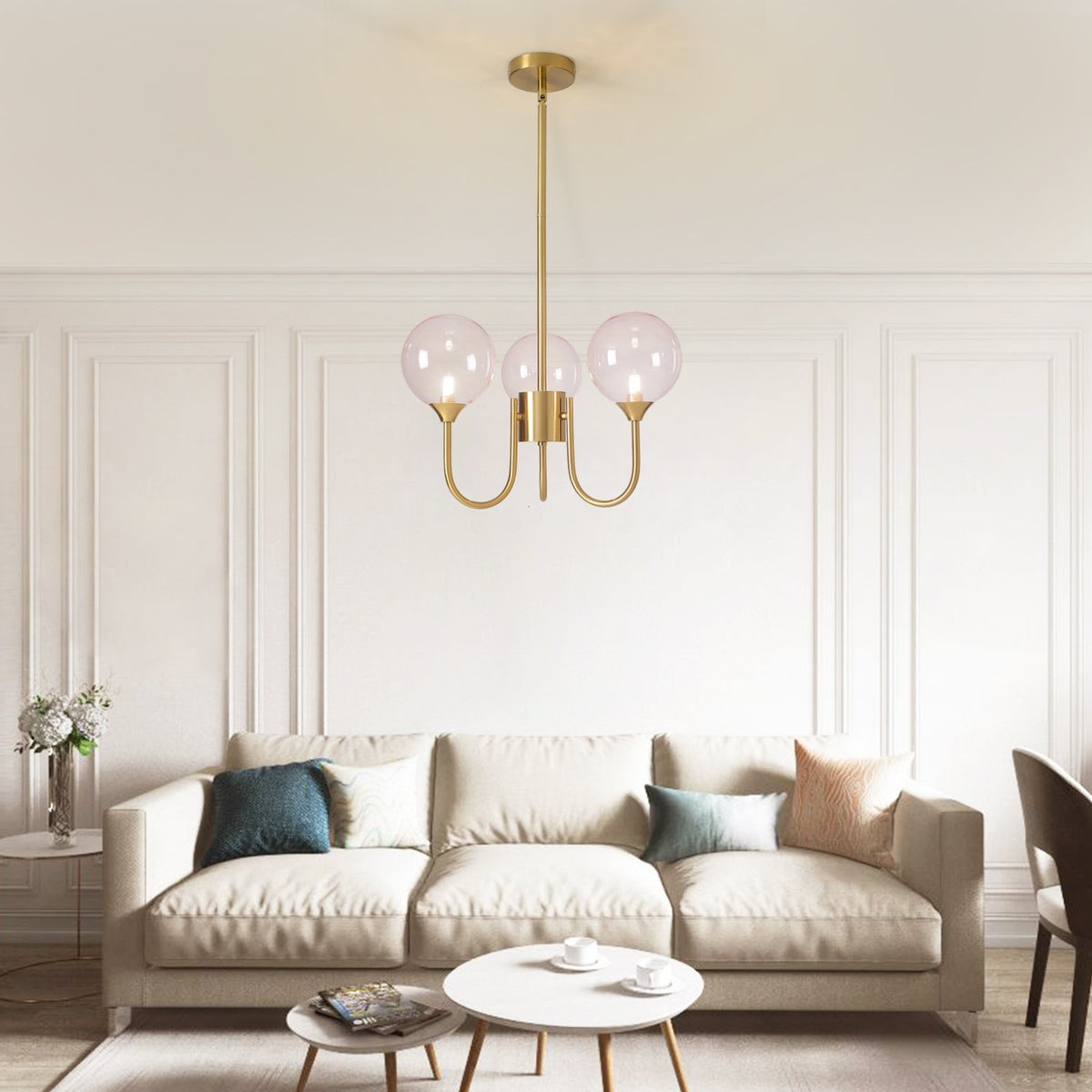 Suspension moderne Sputnik en verre rose avec structure dorée