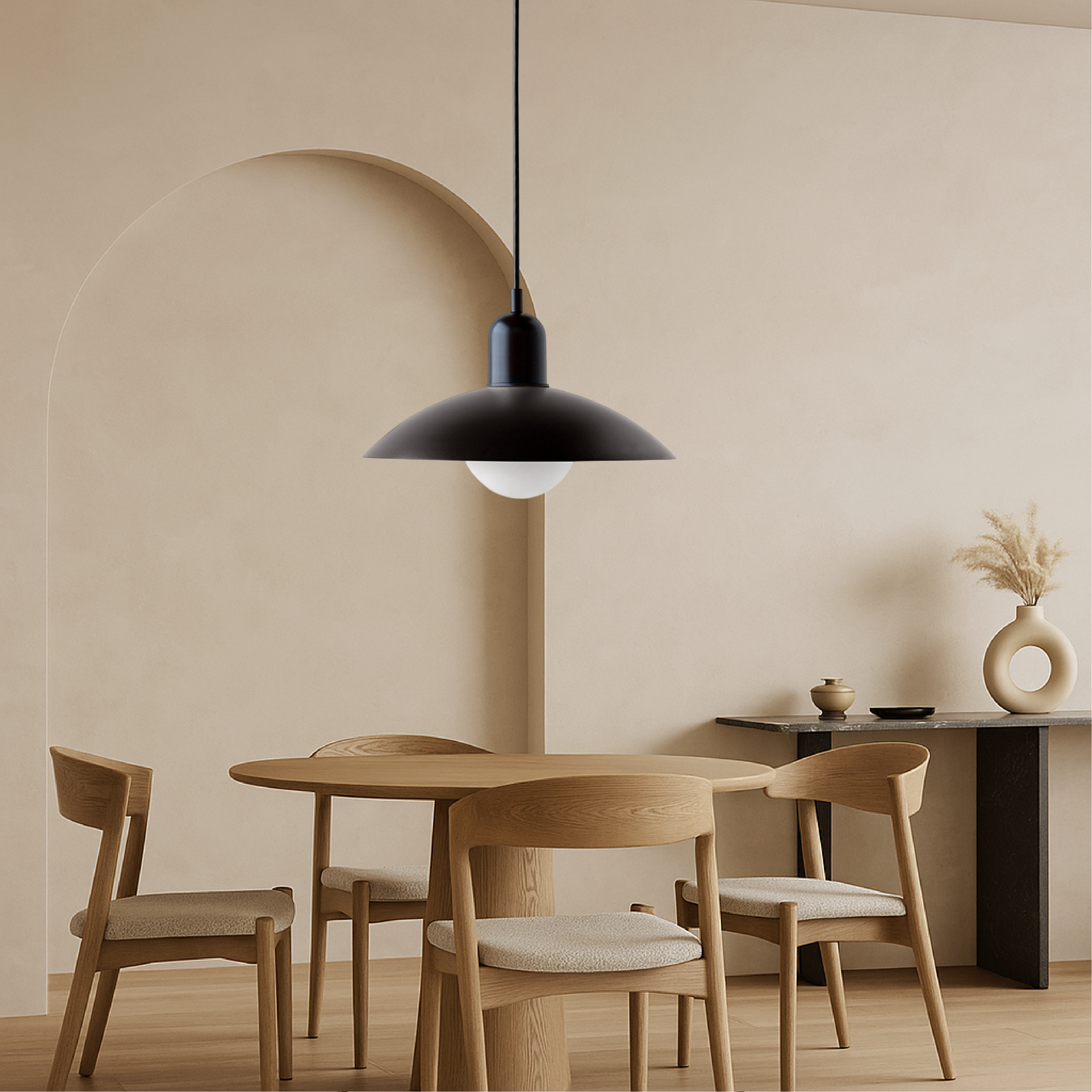 Hanging ceiling lamp with shallow curved metal shade