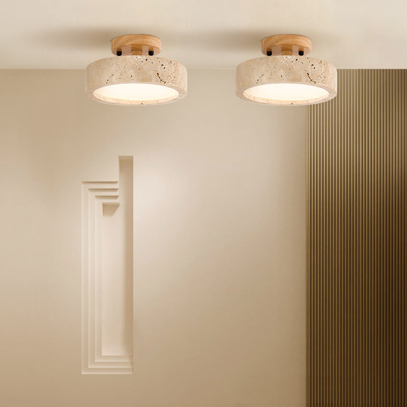 Round Travertine LED Ceiling Light with Wooden Mount
