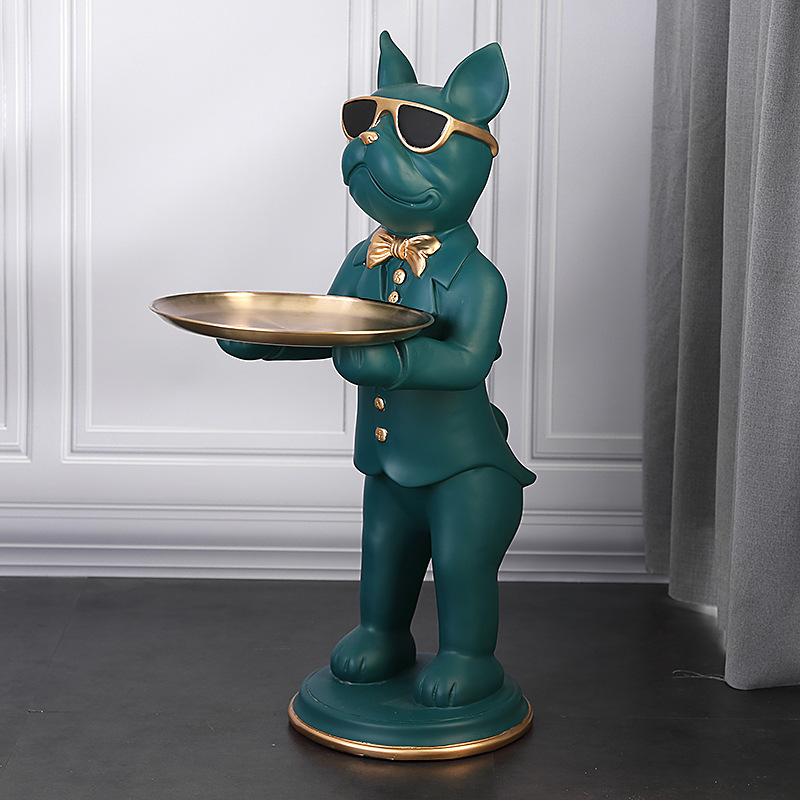Ornement bouledogue en polyrésine avec plateau doré  