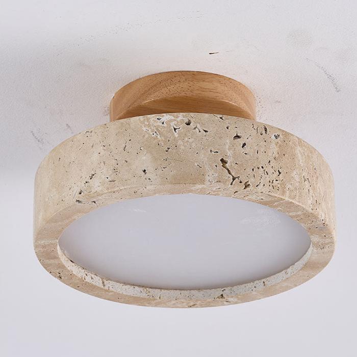 Round Travertine LED Ceiling Light with Wooden Mount