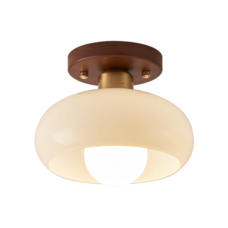 Wood & Cream Glass Flush Mount Ceiling Light