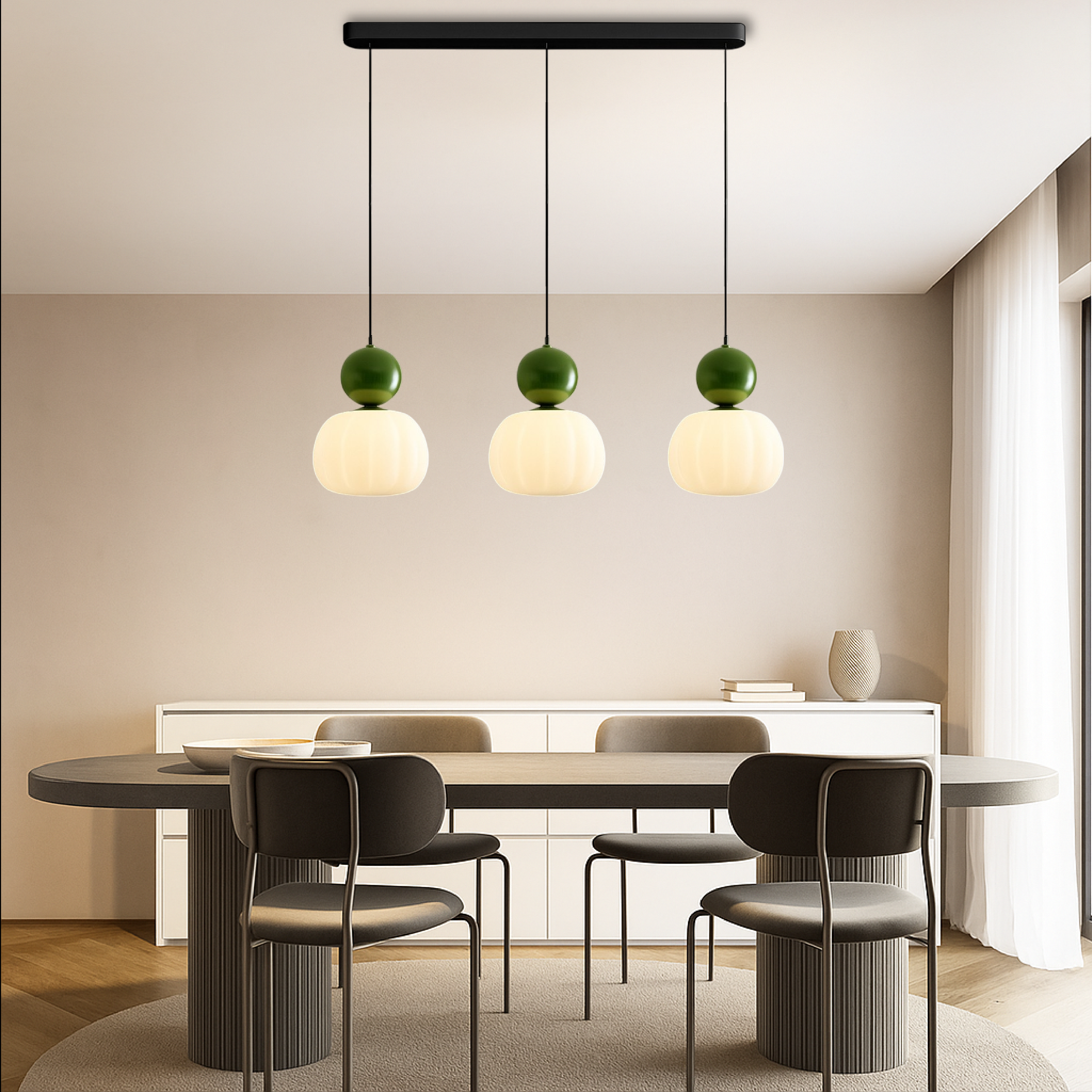 Opal glass pendant light with coloured sphere cap