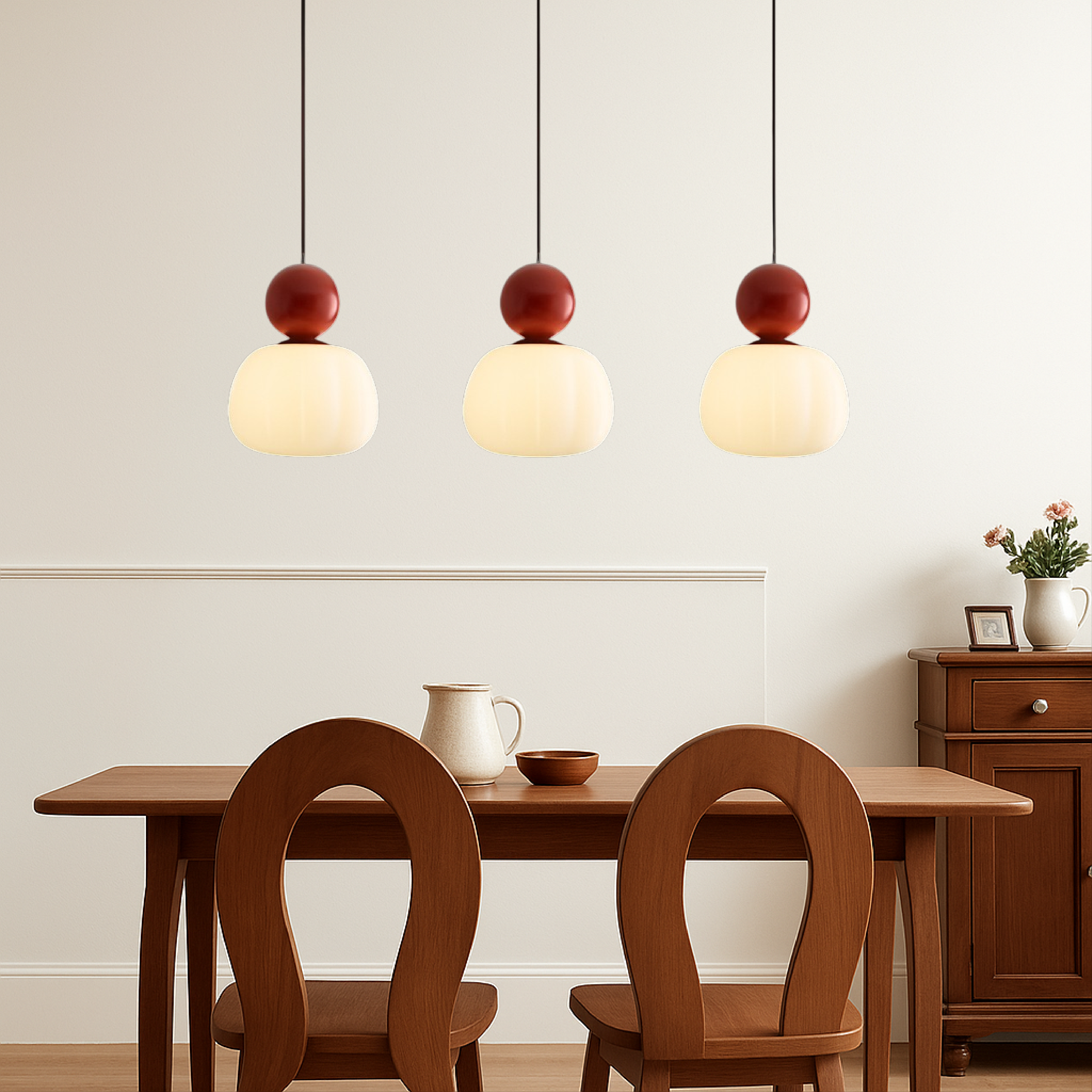 Opal glass pendant light with coloured sphere cap