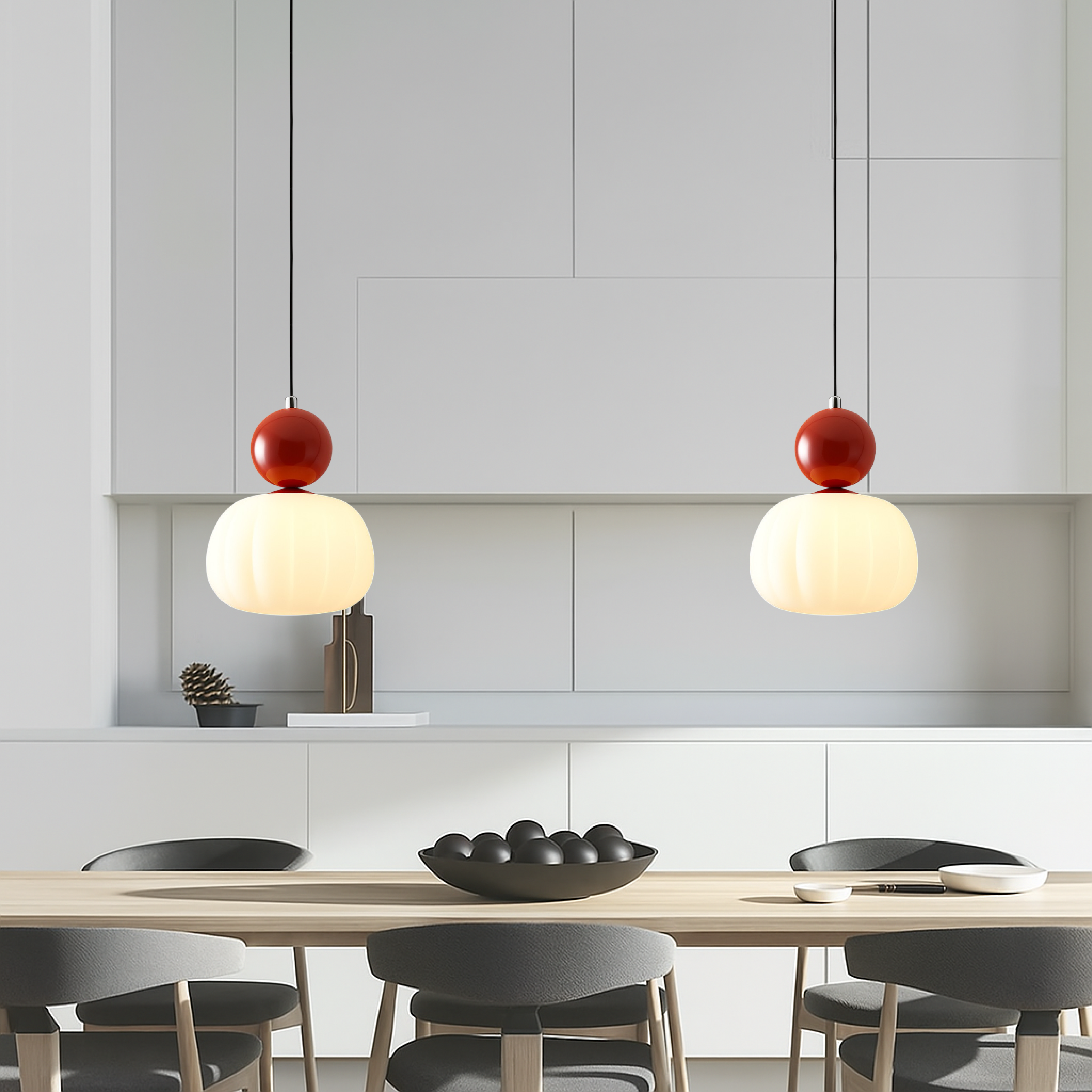 Opal glass pendant light with coloured sphere cap