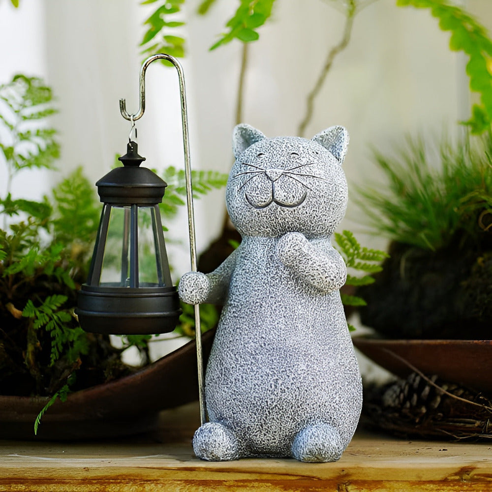 Cat Garden Statue with Solar Lantern Outdoor Decorative Light