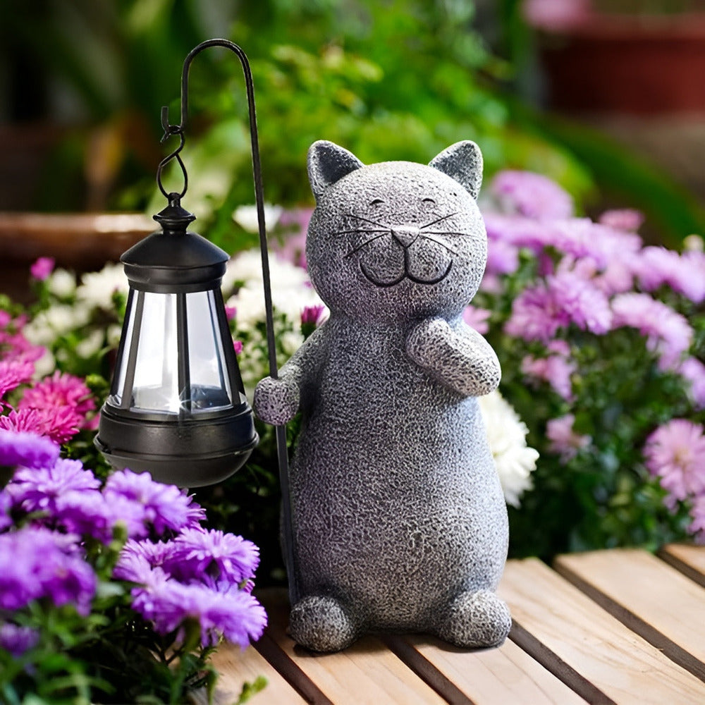 Cat Garden Statue with Solar Lantern Outdoor Decorative Light
