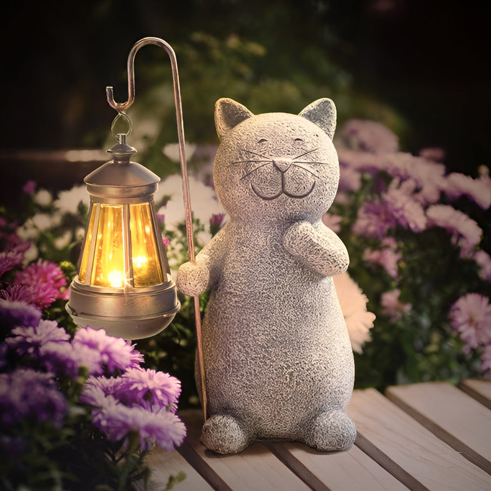 Cat Garden Statue with Solar Lantern Outdoor Decorative Light