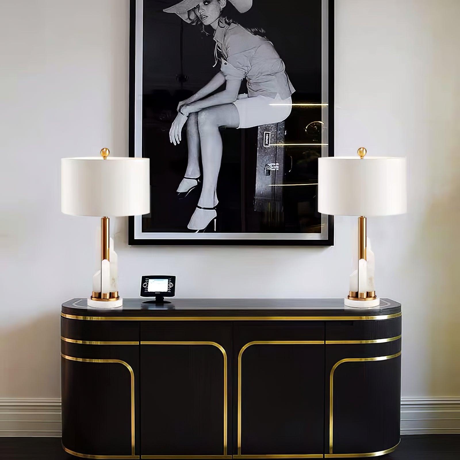 Alabaster Table Lamp with Cylindrical Fabric Shade