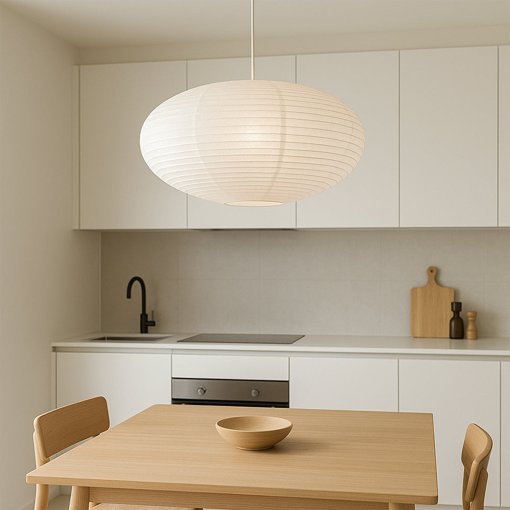 Oval paper pendant light with horizontal lined shade