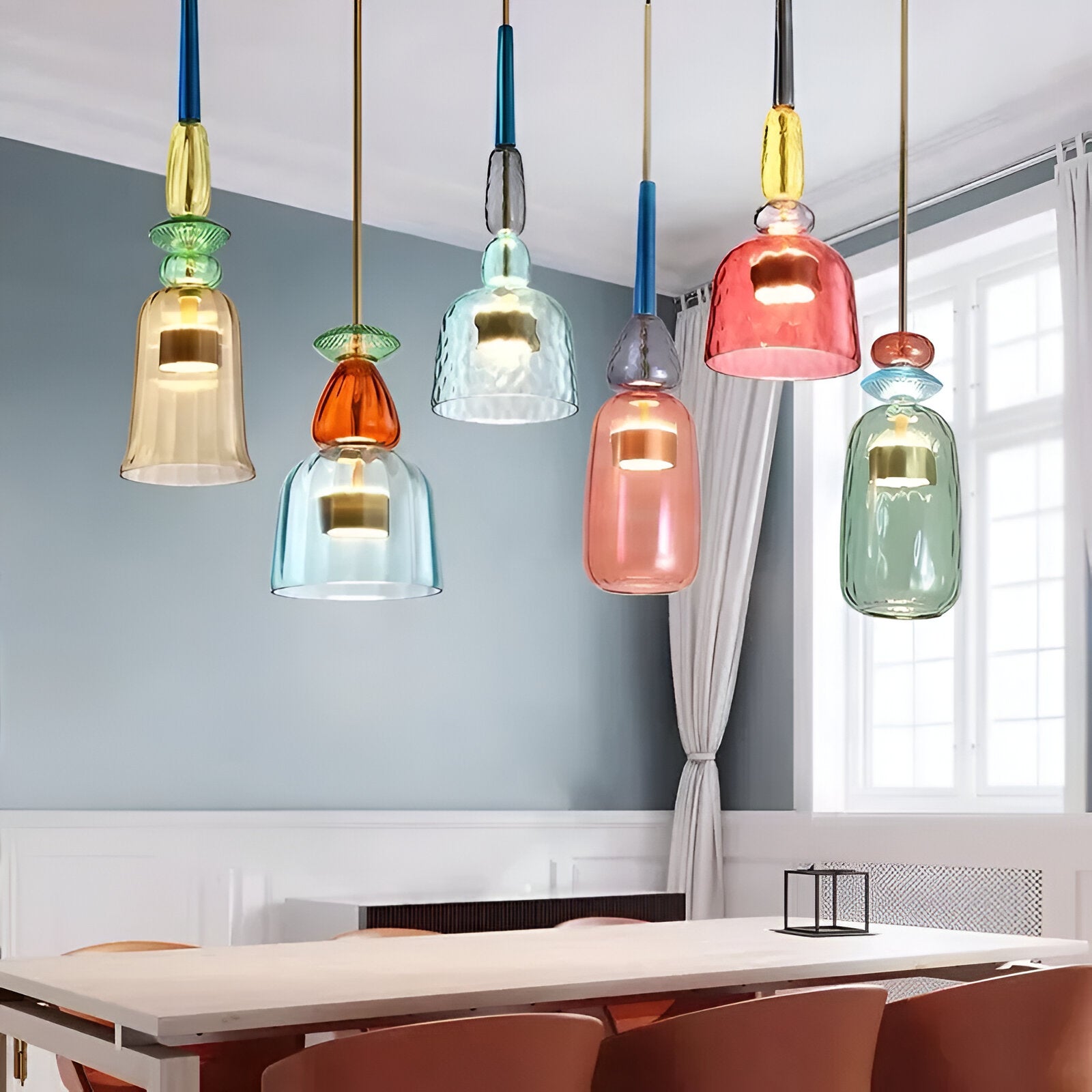 Pastel coloured glass pendant light with bell shade