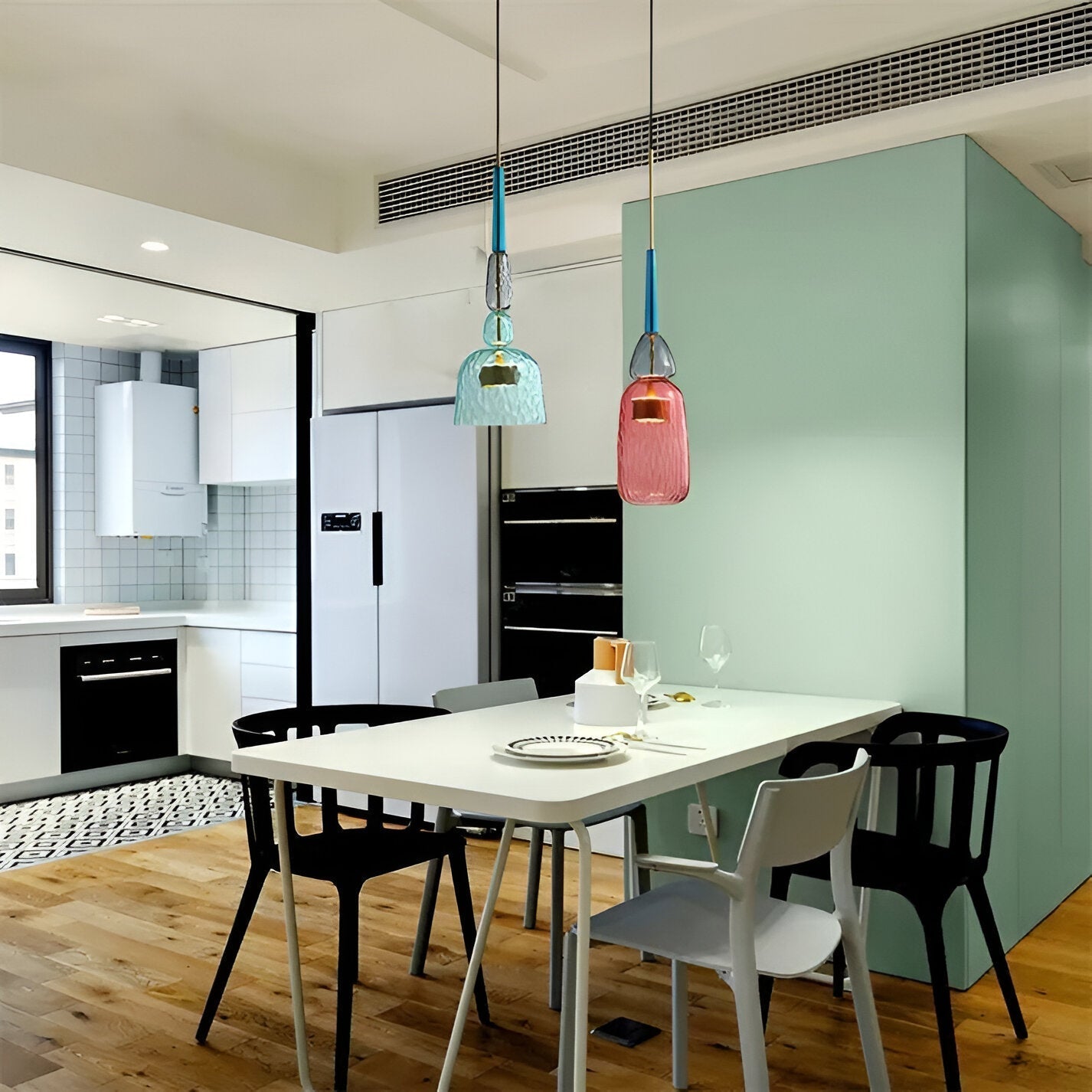 Pastel coloured glass pendant light with bell shade