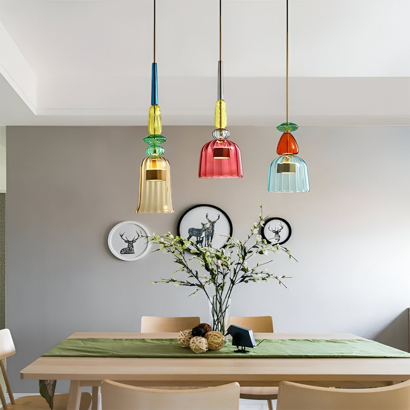 Pastel coloured glass pendant light with bell shade