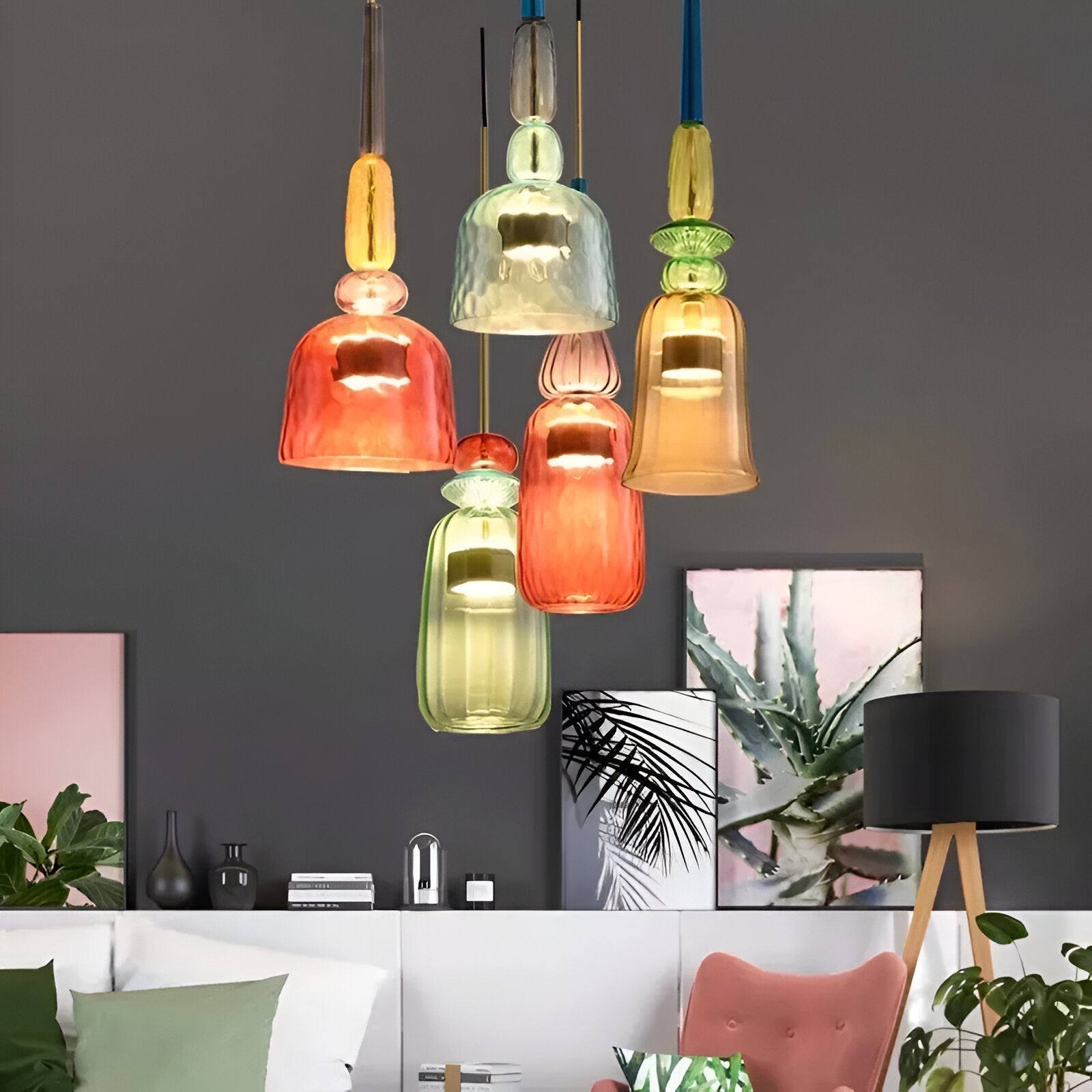 Pastel coloured glass pendant light with bell shade