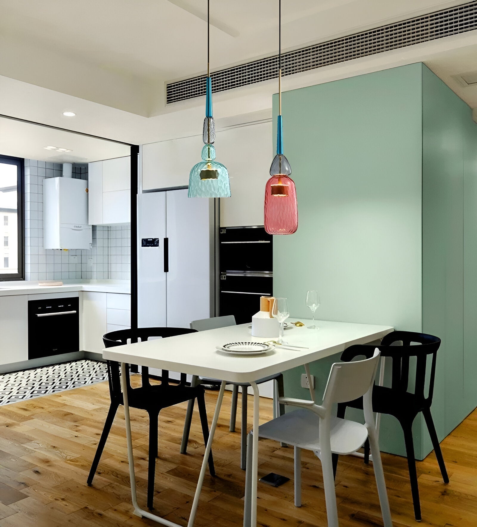 Pastel coloured glass pendant light with bell shade