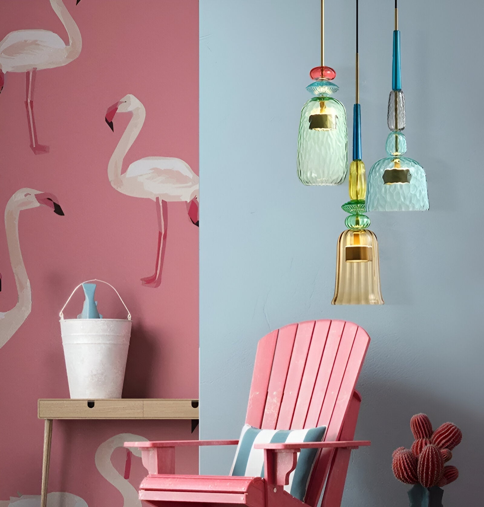 Pastel coloured glass pendant light with bell shade