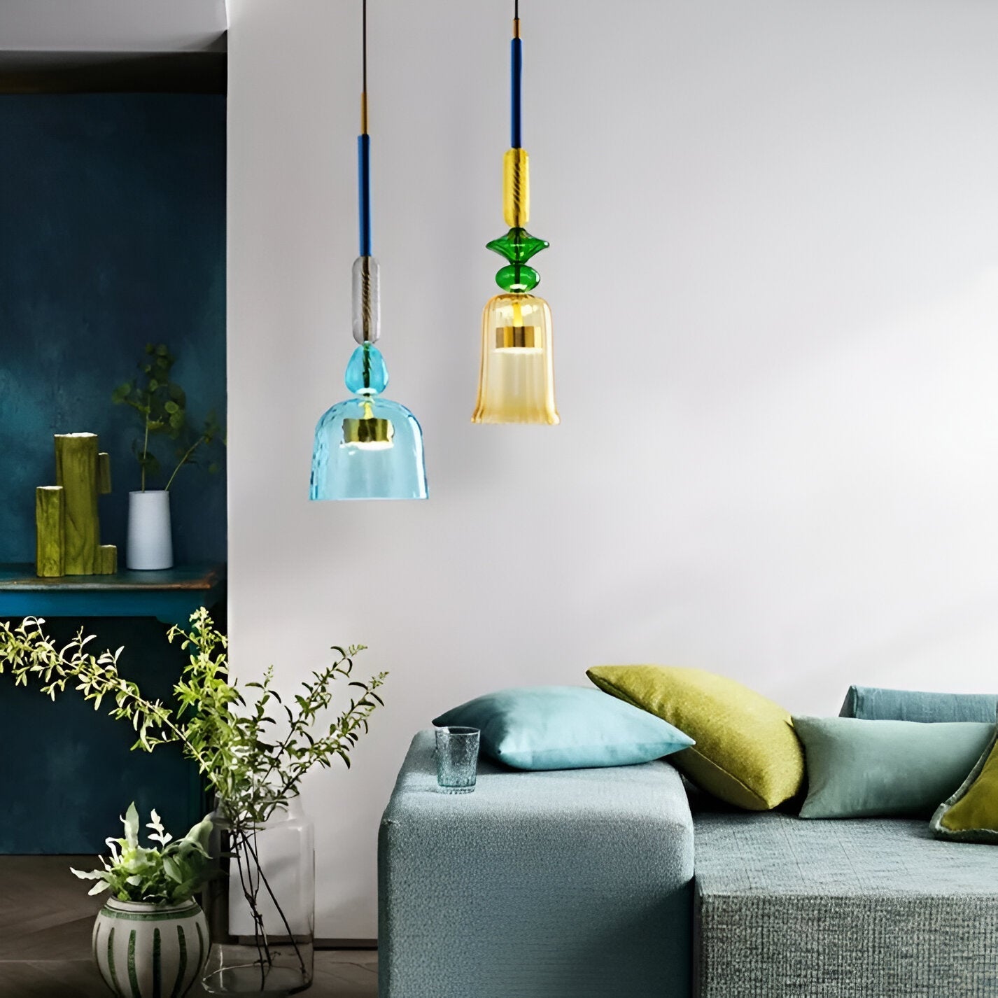 Pastel coloured glass pendant light with bell shade