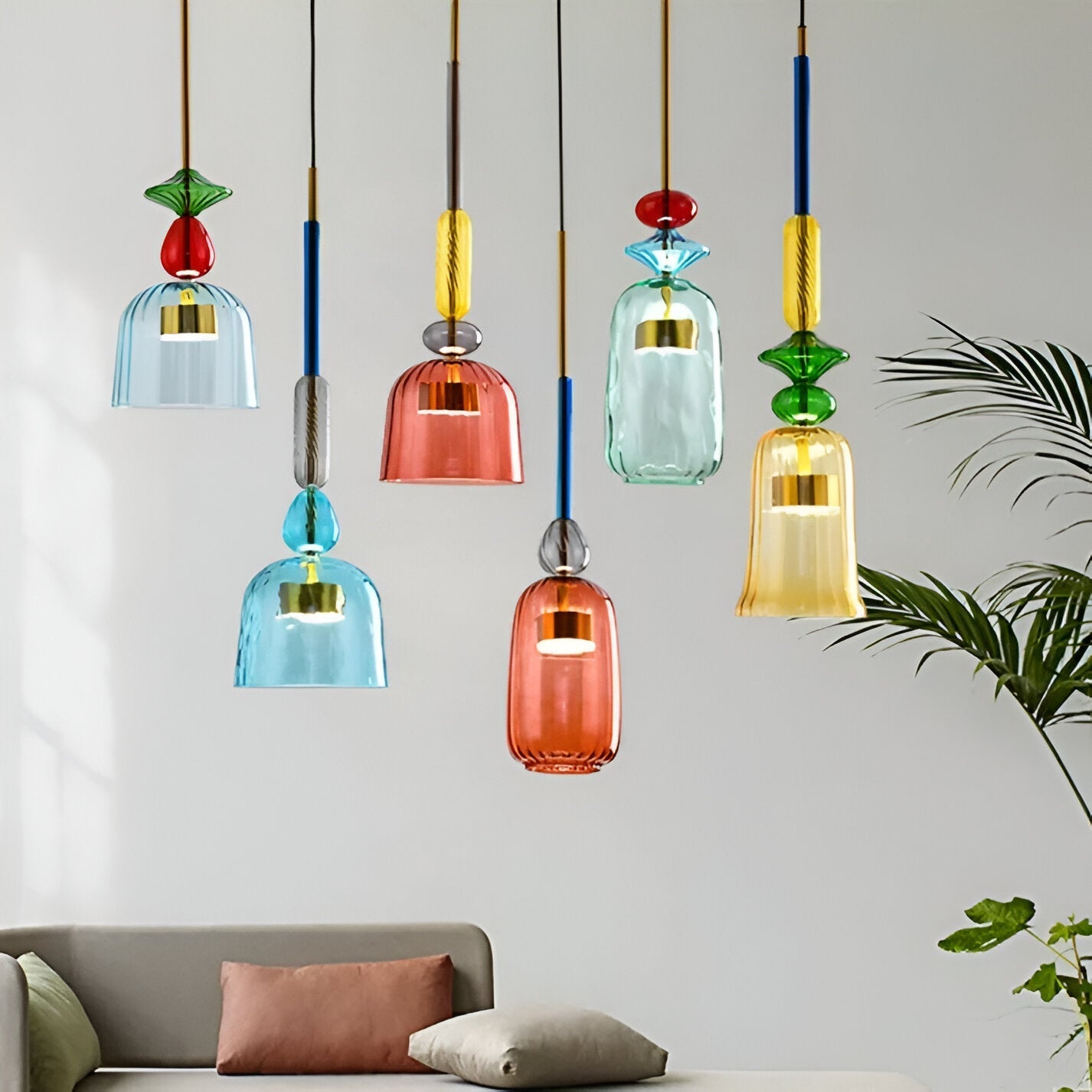 Pastel coloured glass pendant light with bell shade