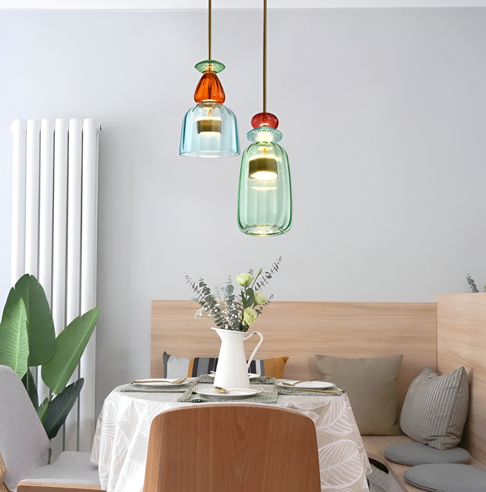 Pastel coloured glass pendant light with bell shade