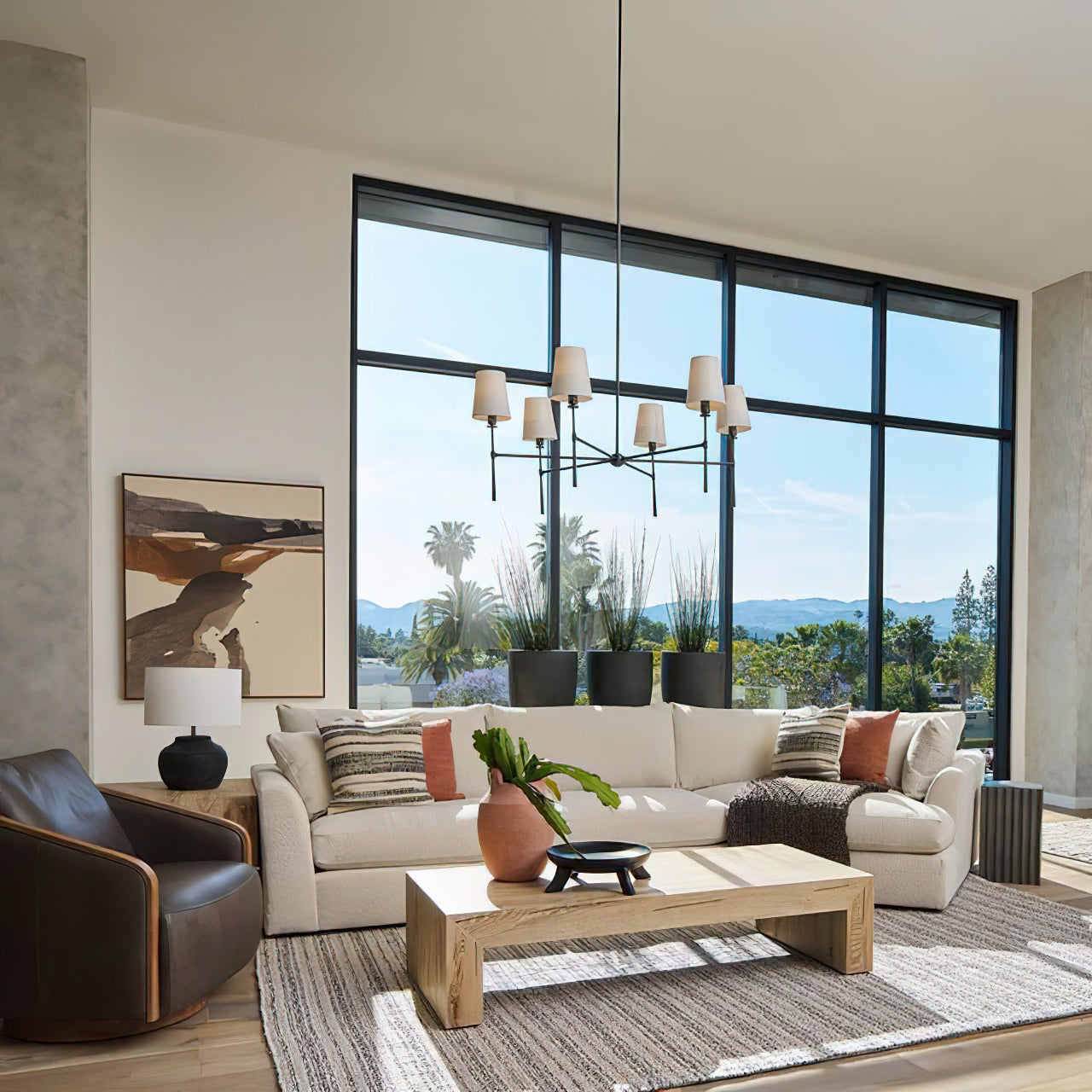 Vintage Chandelier with Fabric Shades and Metal Frame