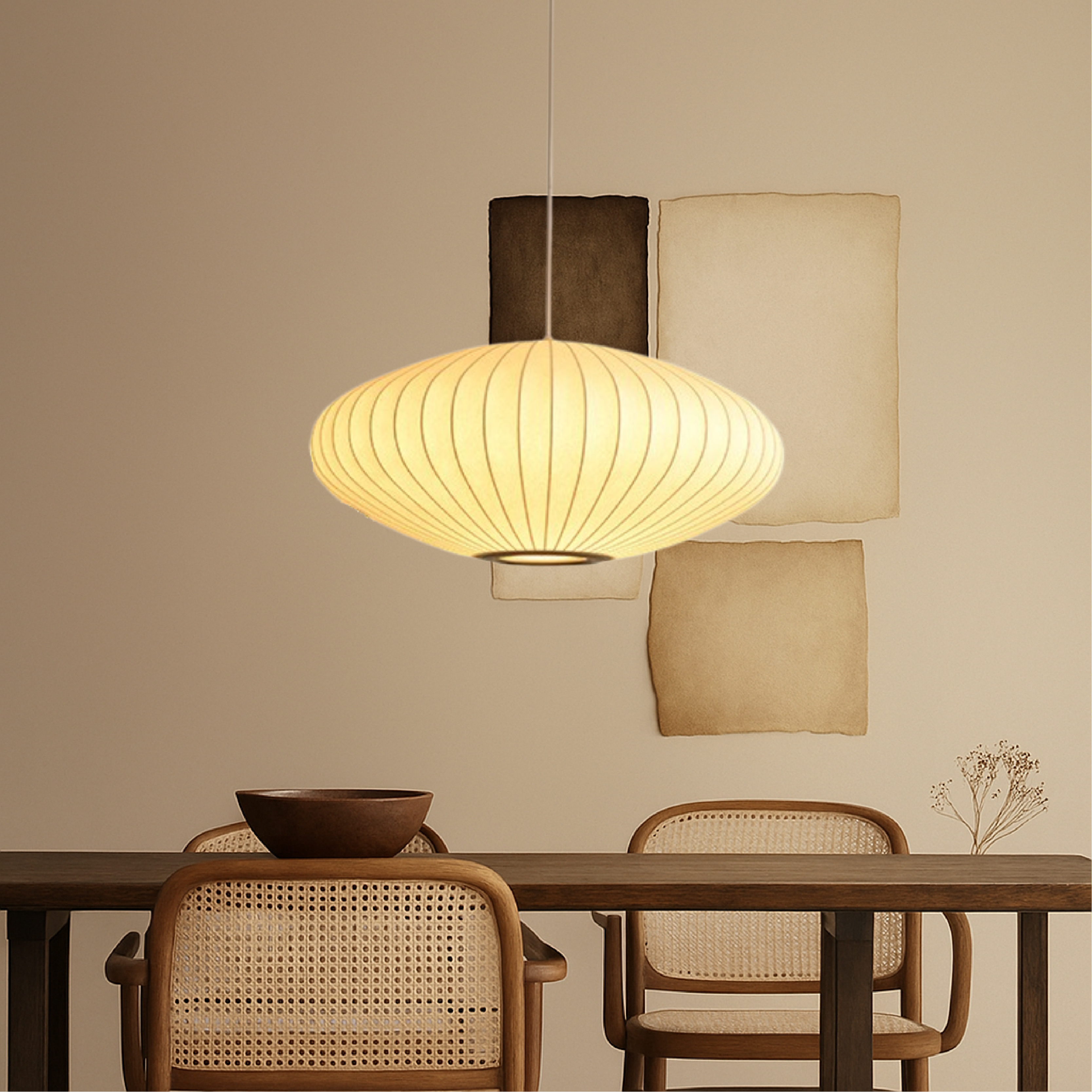 Round lantern pendant lamp with pleated fabric shade