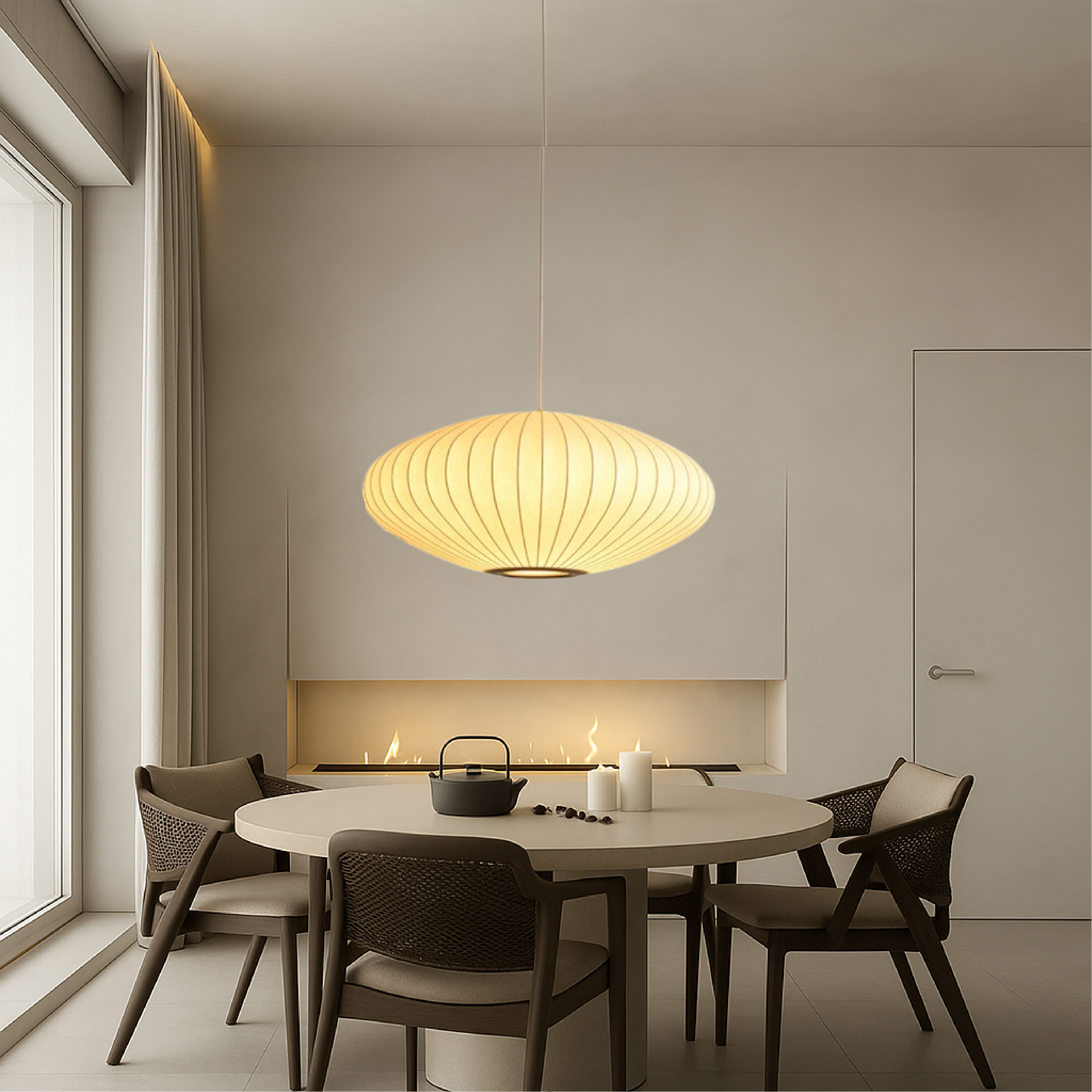 Round lantern pendant lamp with pleated fabric shade