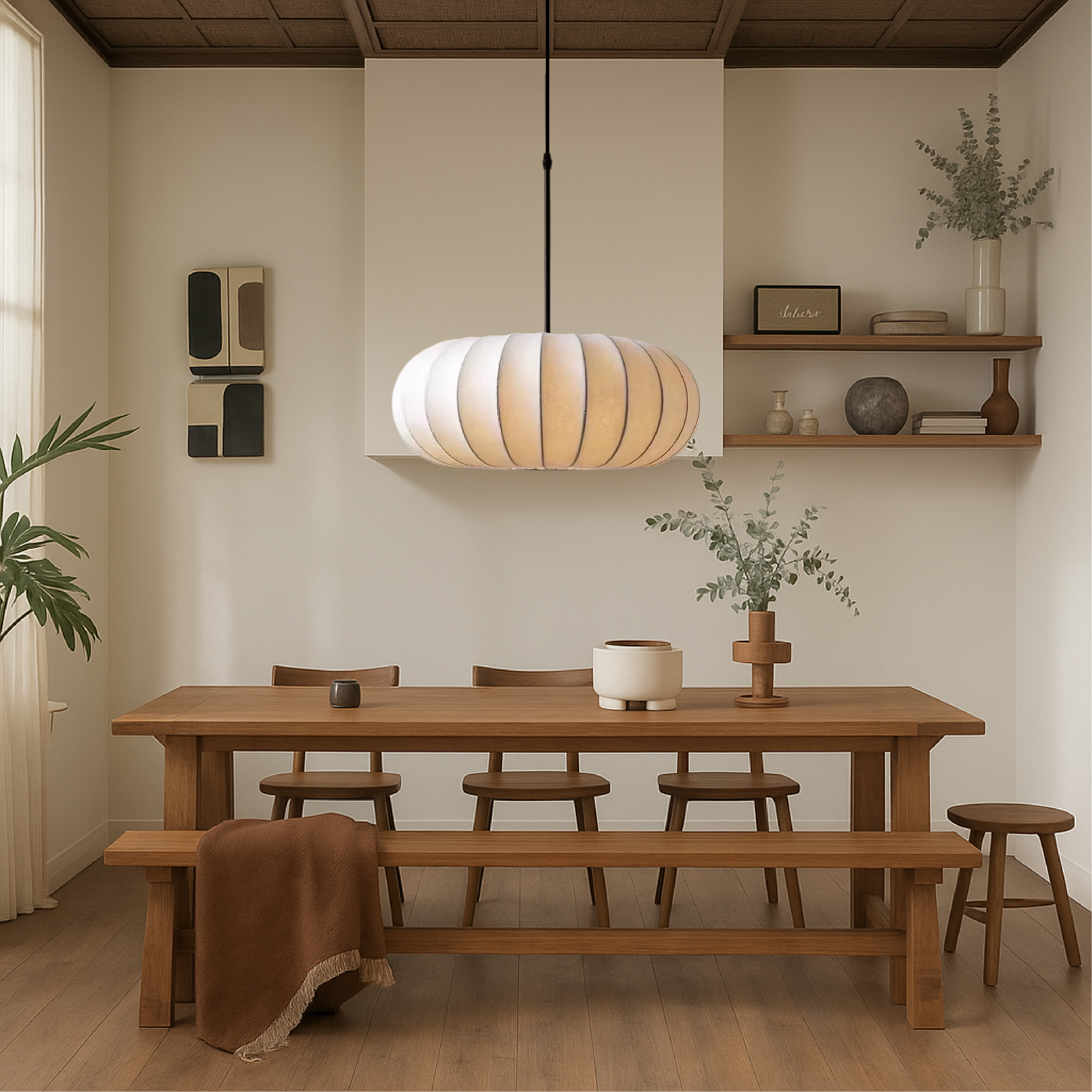 Round lantern pendant light with ribbed fabric shade