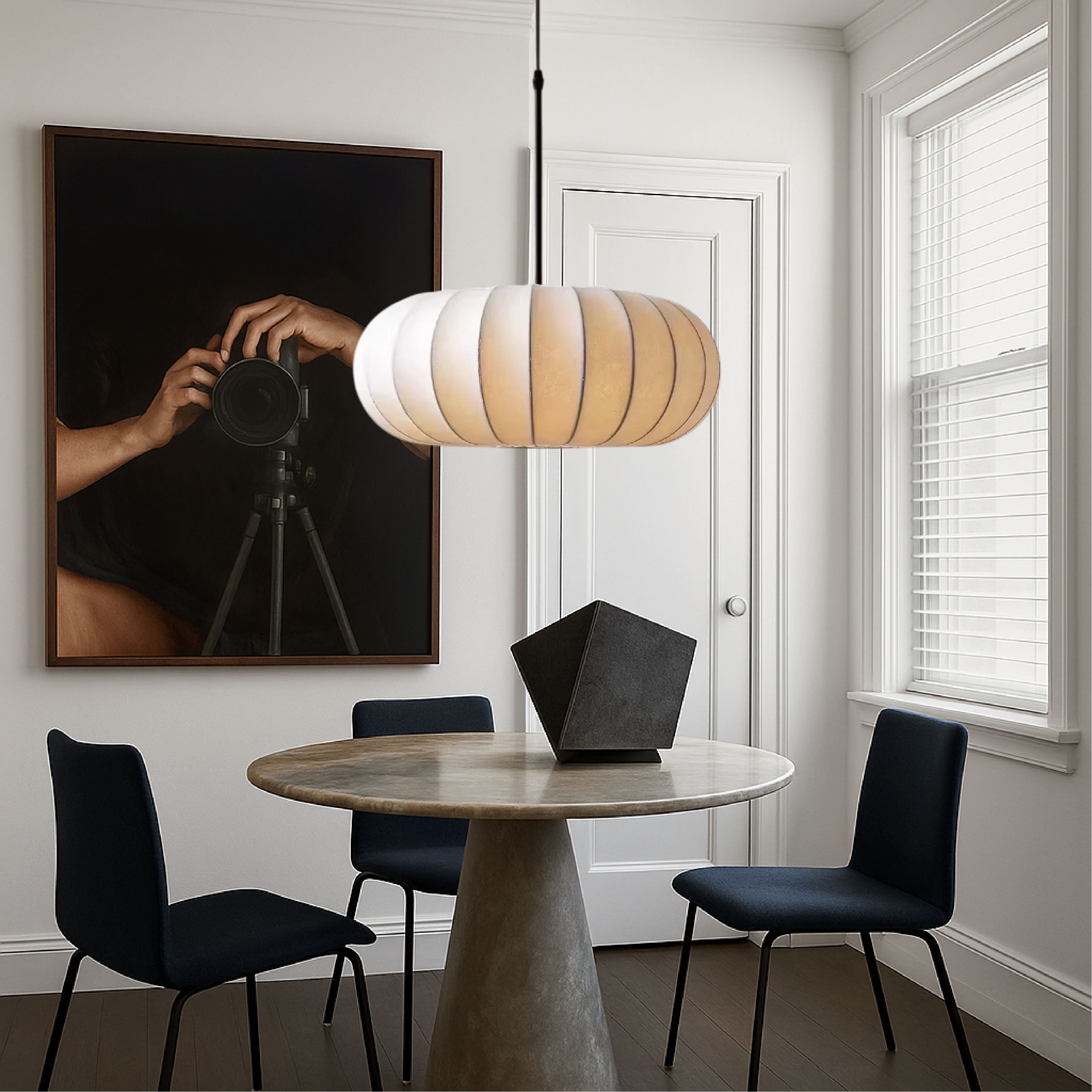 Round lantern pendant light with ribbed fabric shade