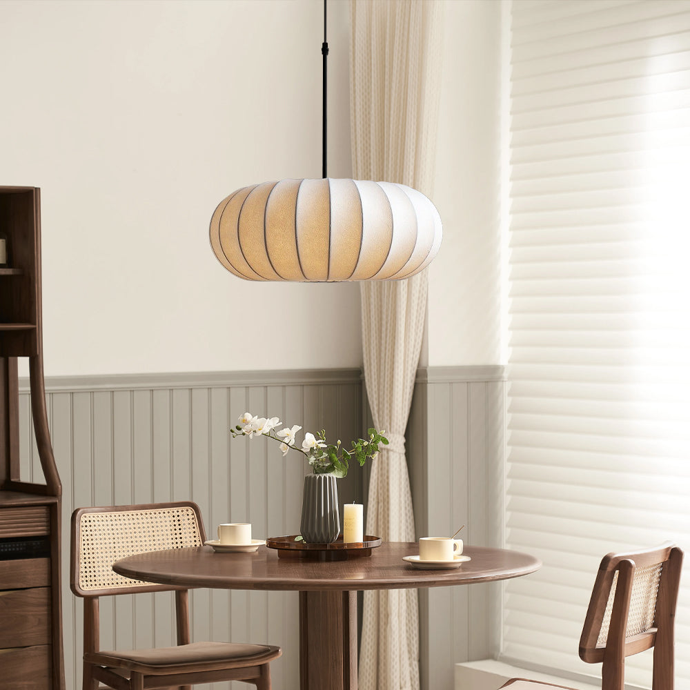 Round lantern pendant light with ribbed fabric shade