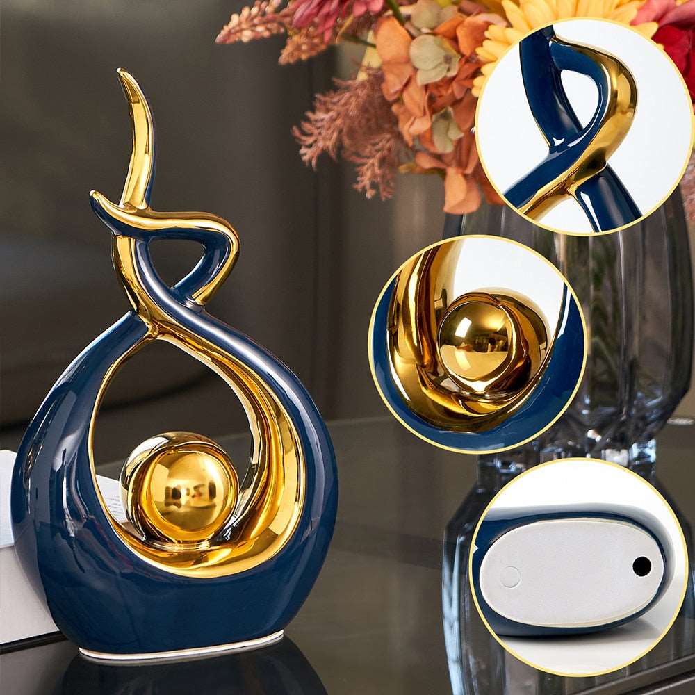 Abstract Ceramic Sculpture with Gold Detail Decorative Ornament