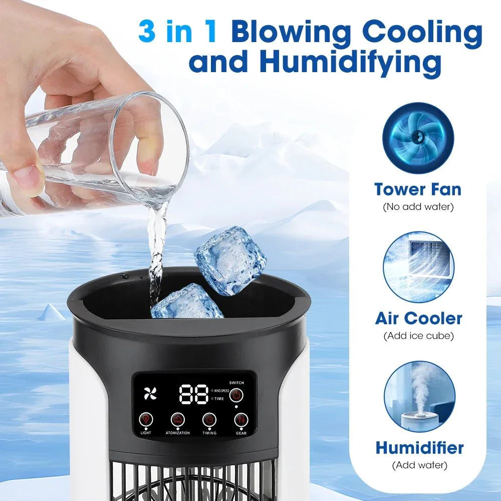 3-in-1 draagbare aircooler ventilator met luchtbevochtiger en LED-nachtlampje