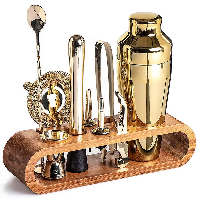 RVS Cocktailshaker Set Met Bamboe Stand