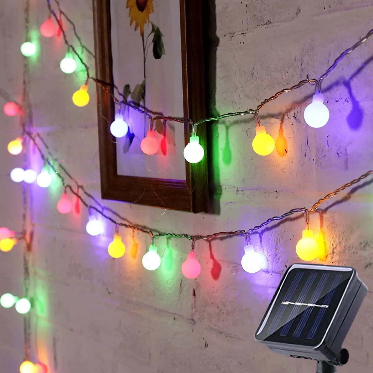 Solar LED Outdoor String Lights with Multicolour Bulb Covers