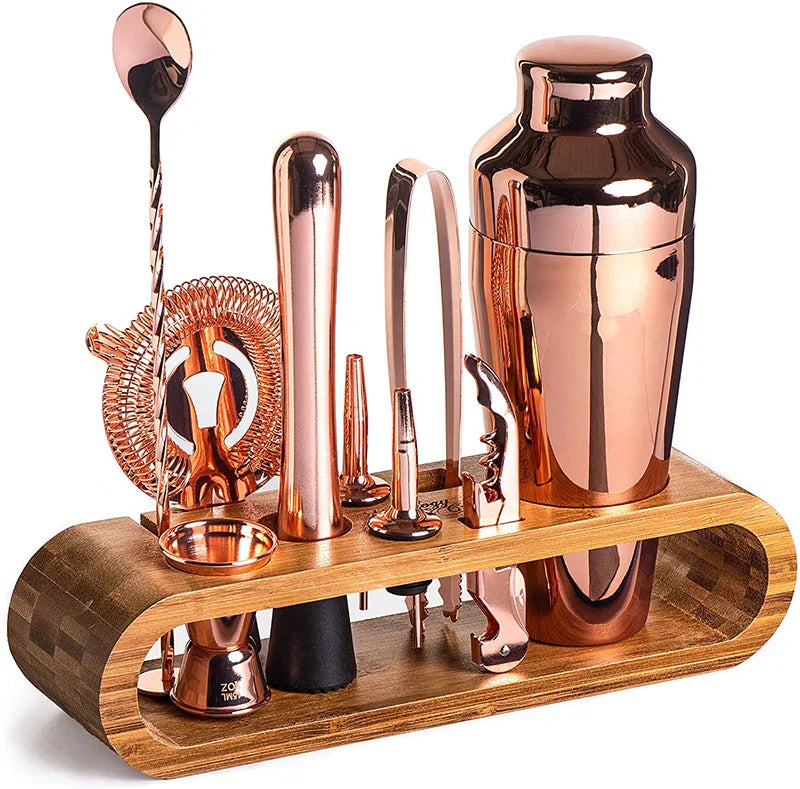 RVS Cocktailshaker Set Met Bamboe Stand