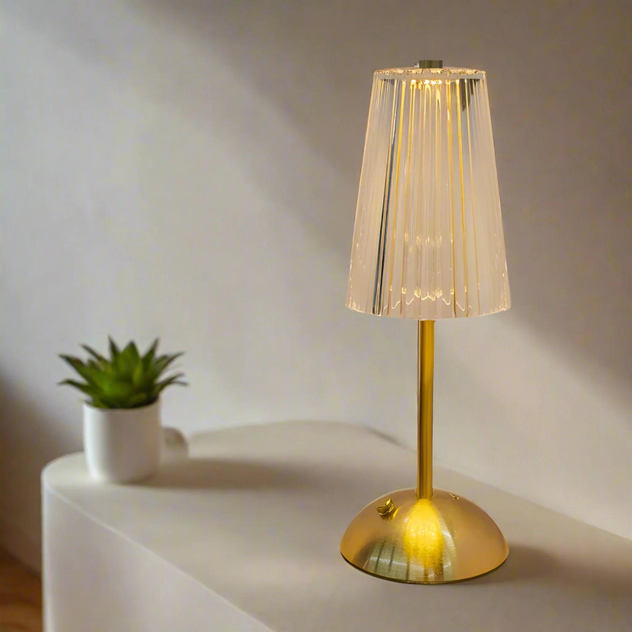 Rechargeable Table Lamp with Fluted Glass Shade and LED Light