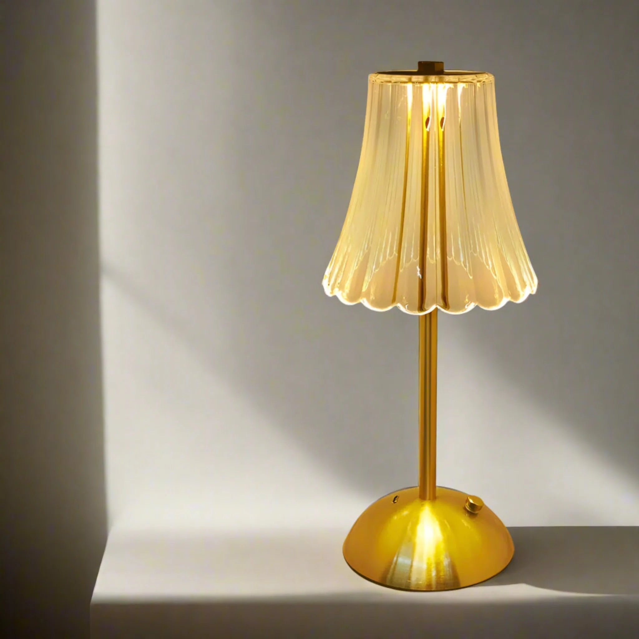 Rechargeable Table Lamp with Fluted Glass Shade and LED Light