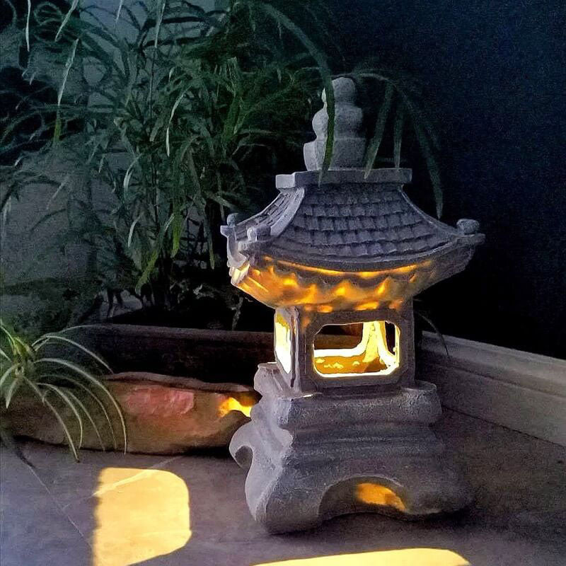 Solar Powered Pagoda Shape Resin Garden Light in Stone Finish