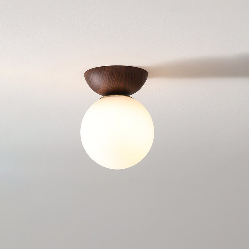 Single Globe Ceiling Light with Wooden Detail and Metal Mount