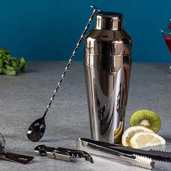 RVS Cocktailshaker Set Met Bamboe Stand