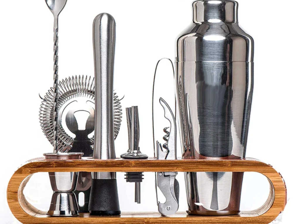 RVS Cocktailshaker Set Met Bamboe Stand