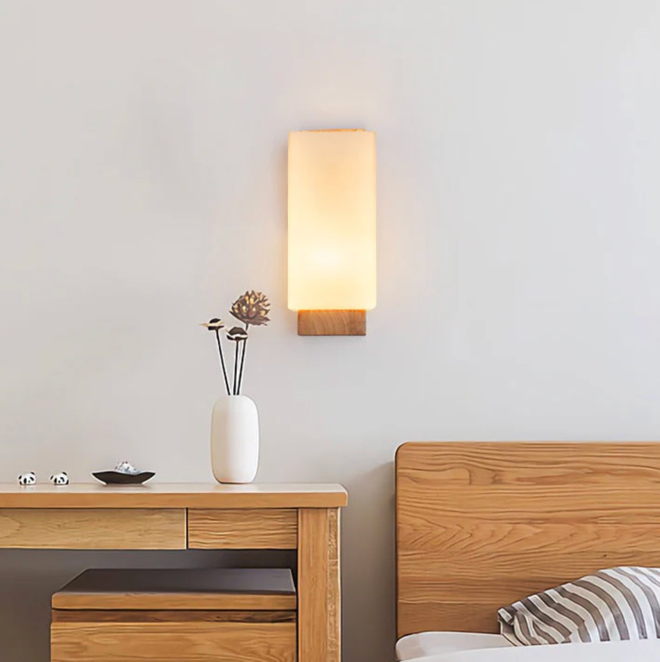 Wood Wall Light with Frosted Shade Modern Sconce