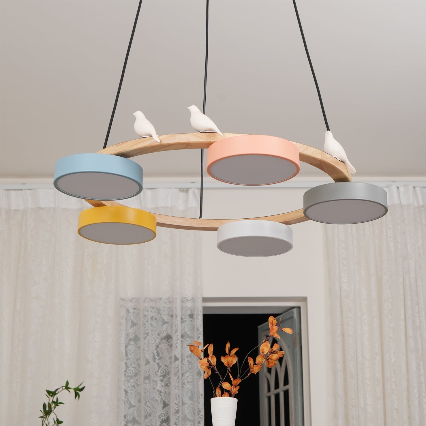 Round Chandelier with Bird Figures and Coloured Disc Lights