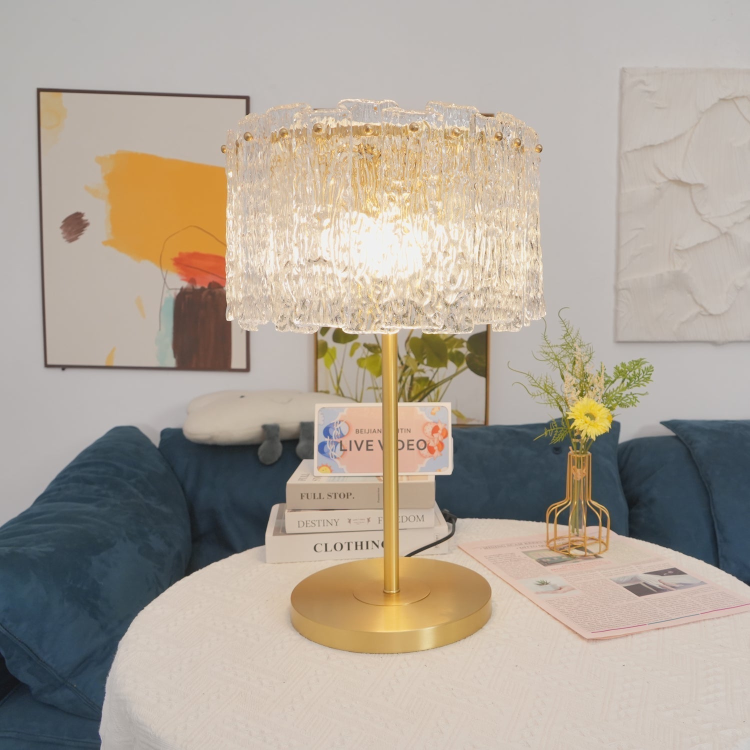 Crystal Table Lamp with Metal Stem and Round Base