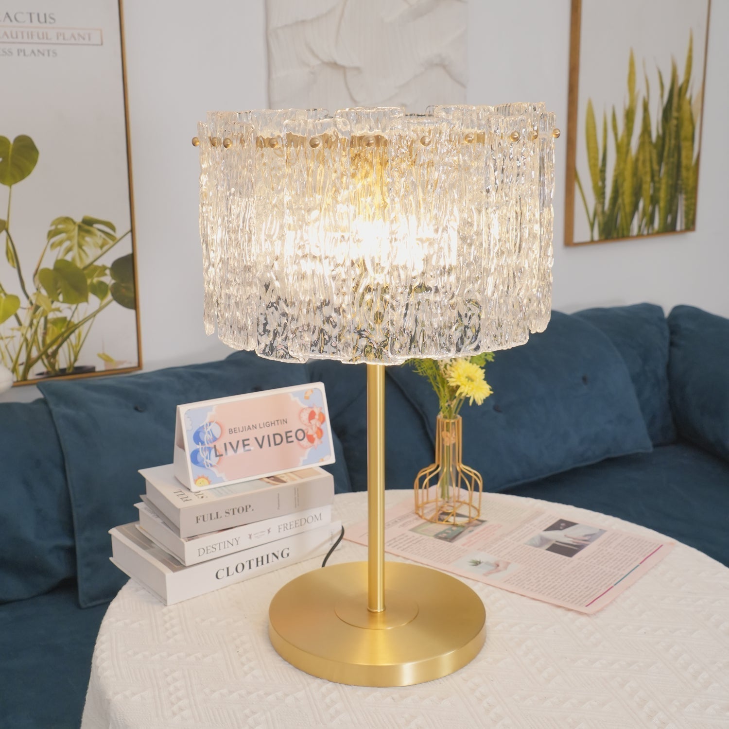Crystal Table Lamp with Metal Stem and Round Base
